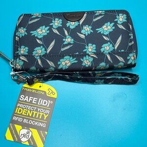 NEW w/Tags Travelon Safe ID RFID Blue Floral Wristlet Accordion Zipper Wallet